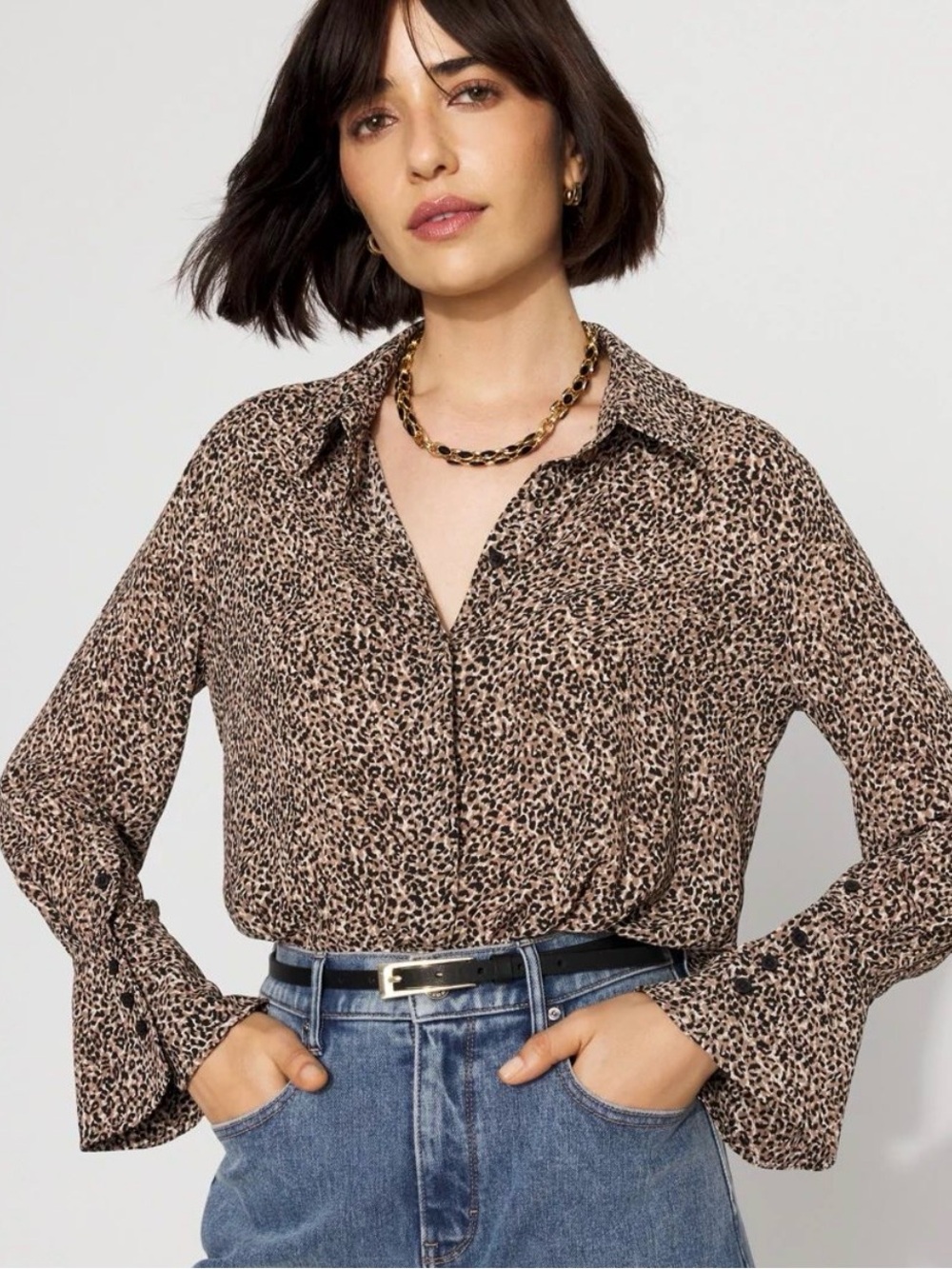 WHBM Long-Sleeve Flare Cuff Shirt Leopard Print Button-Down Top Large
